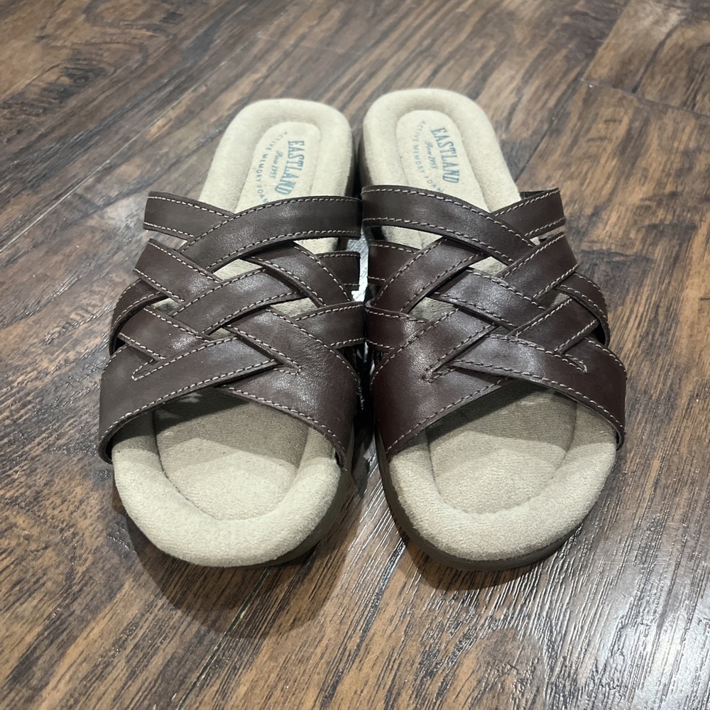 Eastland Hazel Weave Sandals Brown Leather Strappy Flats Slides Shoes 7 M